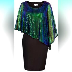 Hanna Nikole Women's Sleeveless Cape Dress with Sequin Overlay Bodycon Pencil